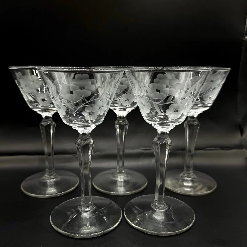 Vintage Libbey Embassy Gray Cut Floral Stemmed Glasses Sherbet/Champagne Set (5)